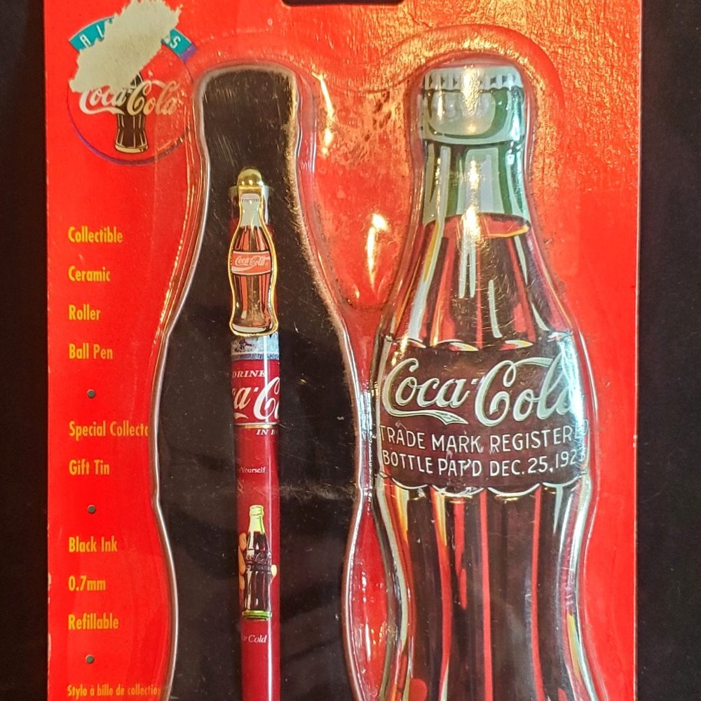 NEW 1996 COCA COLA COLLECTORS TIN with CERAMIC ROLLER PEN Gift Set